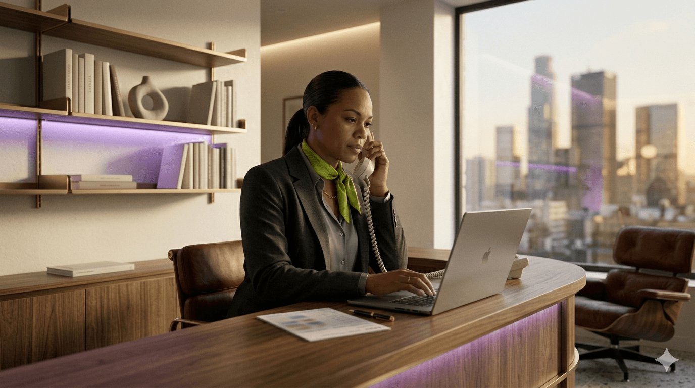 SDR au téléphone dans un open-space premium, ambient violet