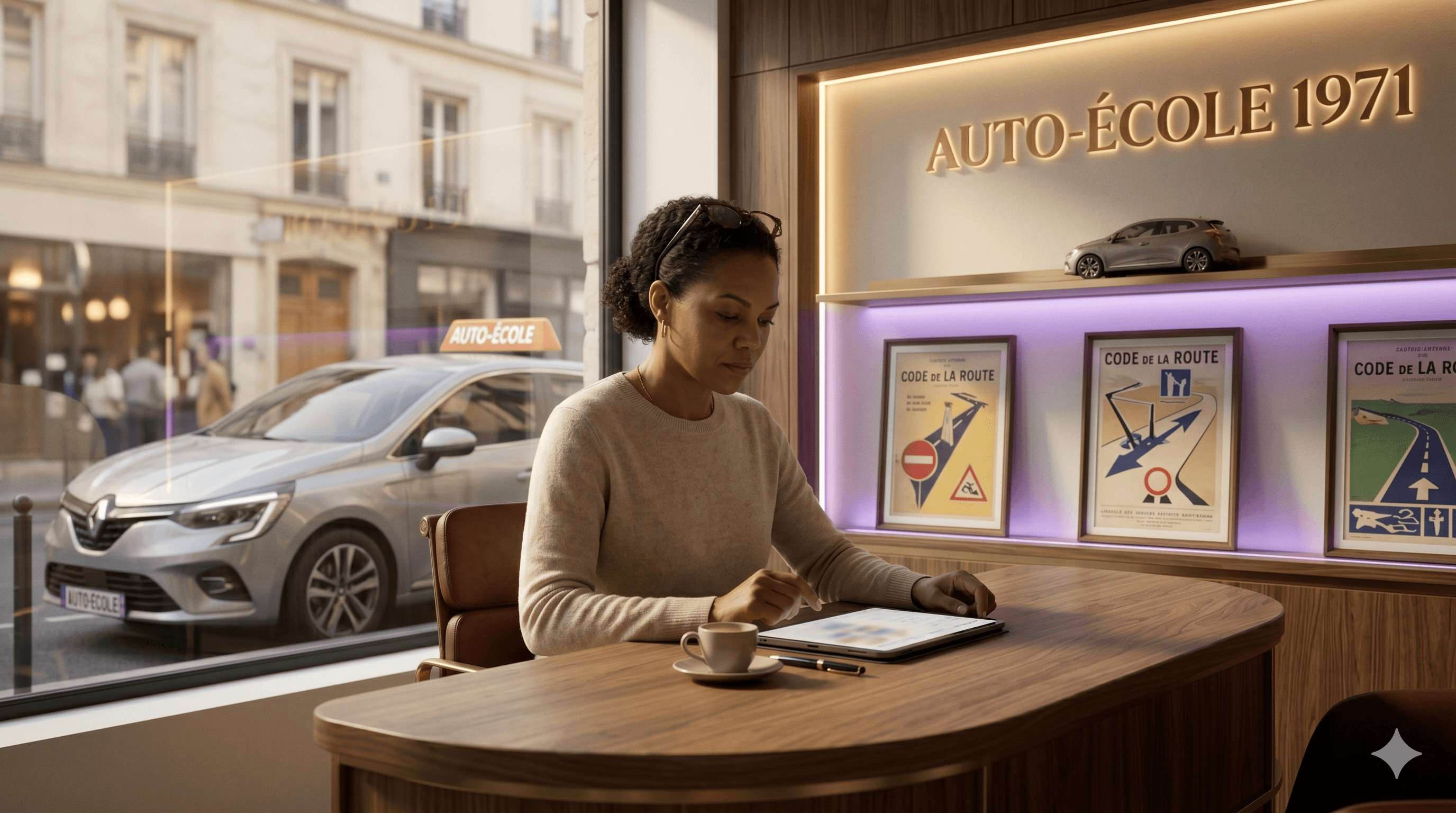Auto-école parisienne, gérante au comptoir avec mandat