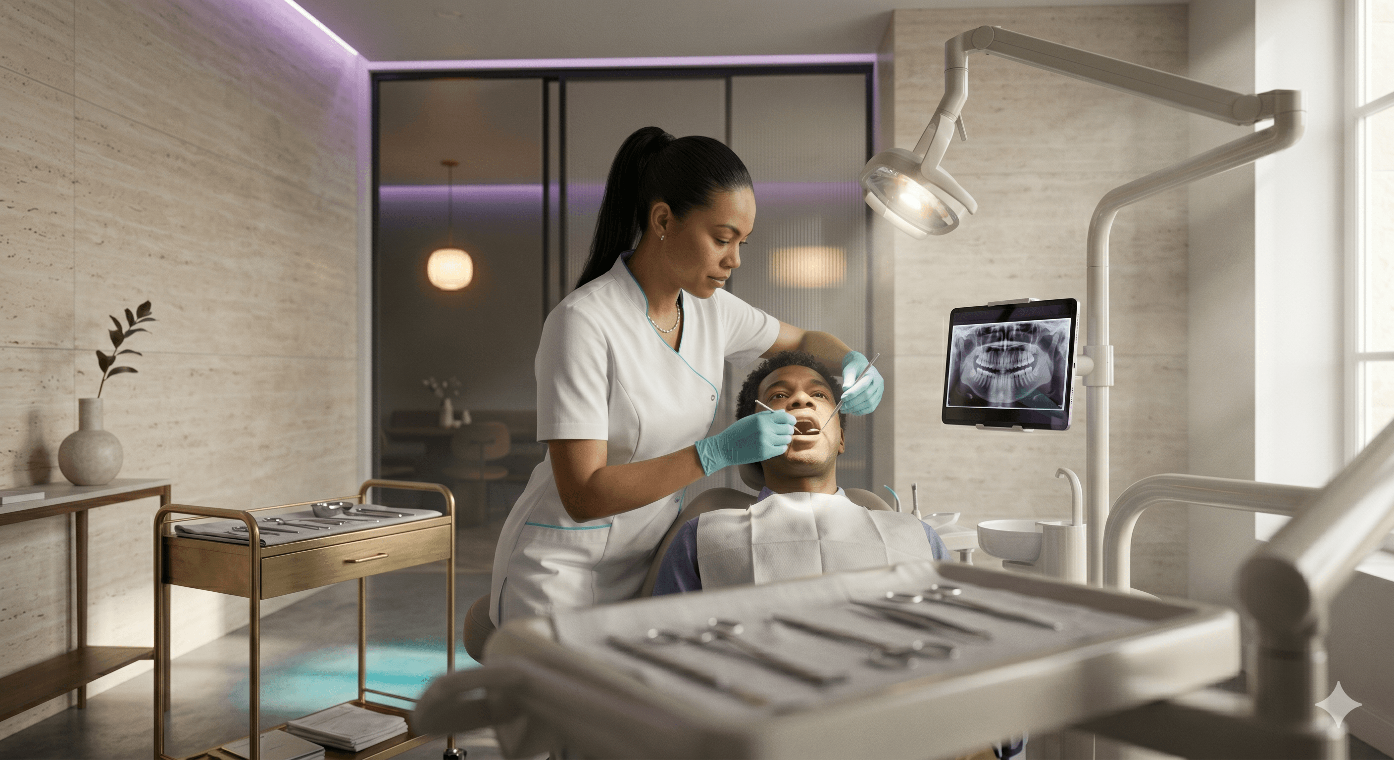 Cabinet dentaire moderne, dentiste avec patient en consultation