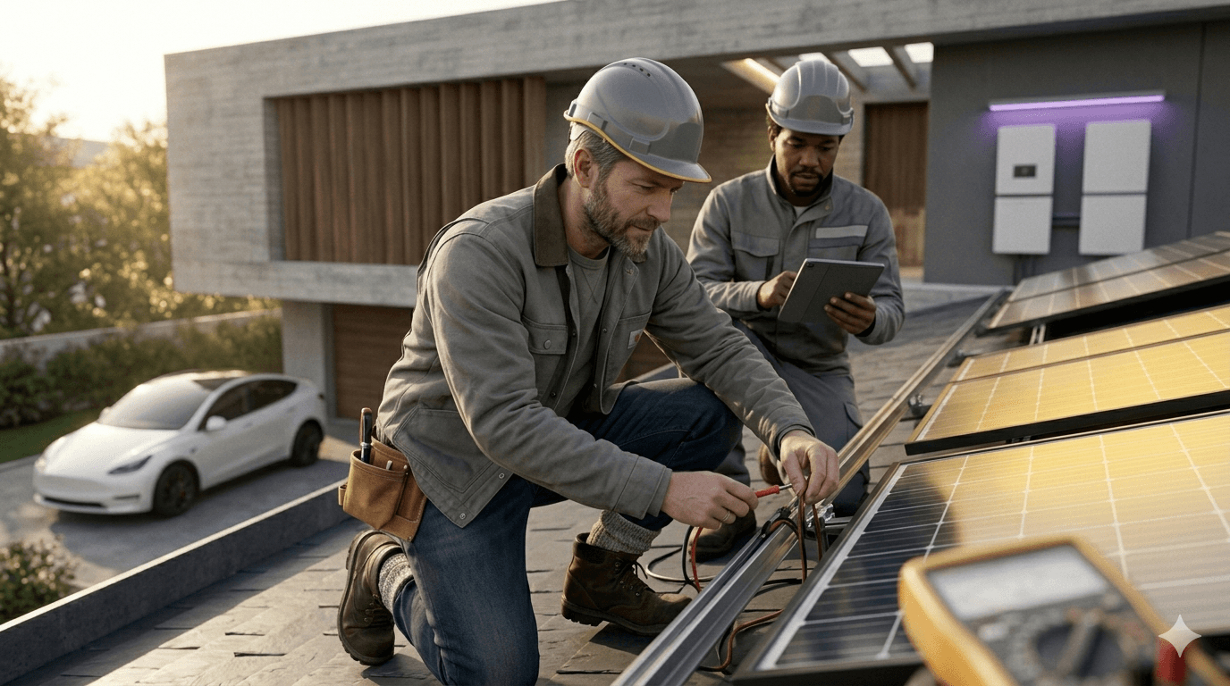 Installation panneaux solaires sur toiture, deux techniciens RGE QualiPV
