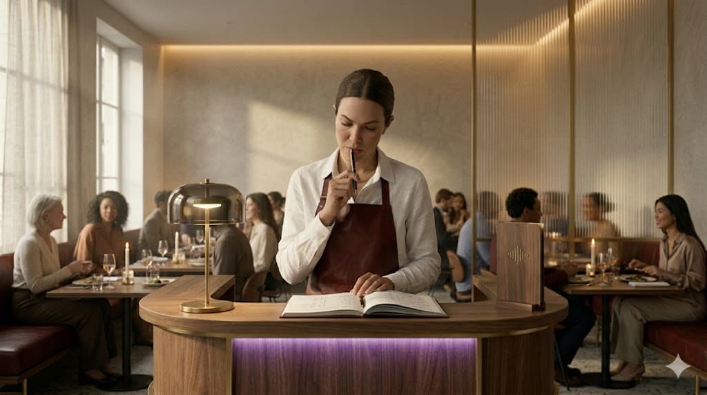 Chef de salle au podium d'accueil avec livre de réservations