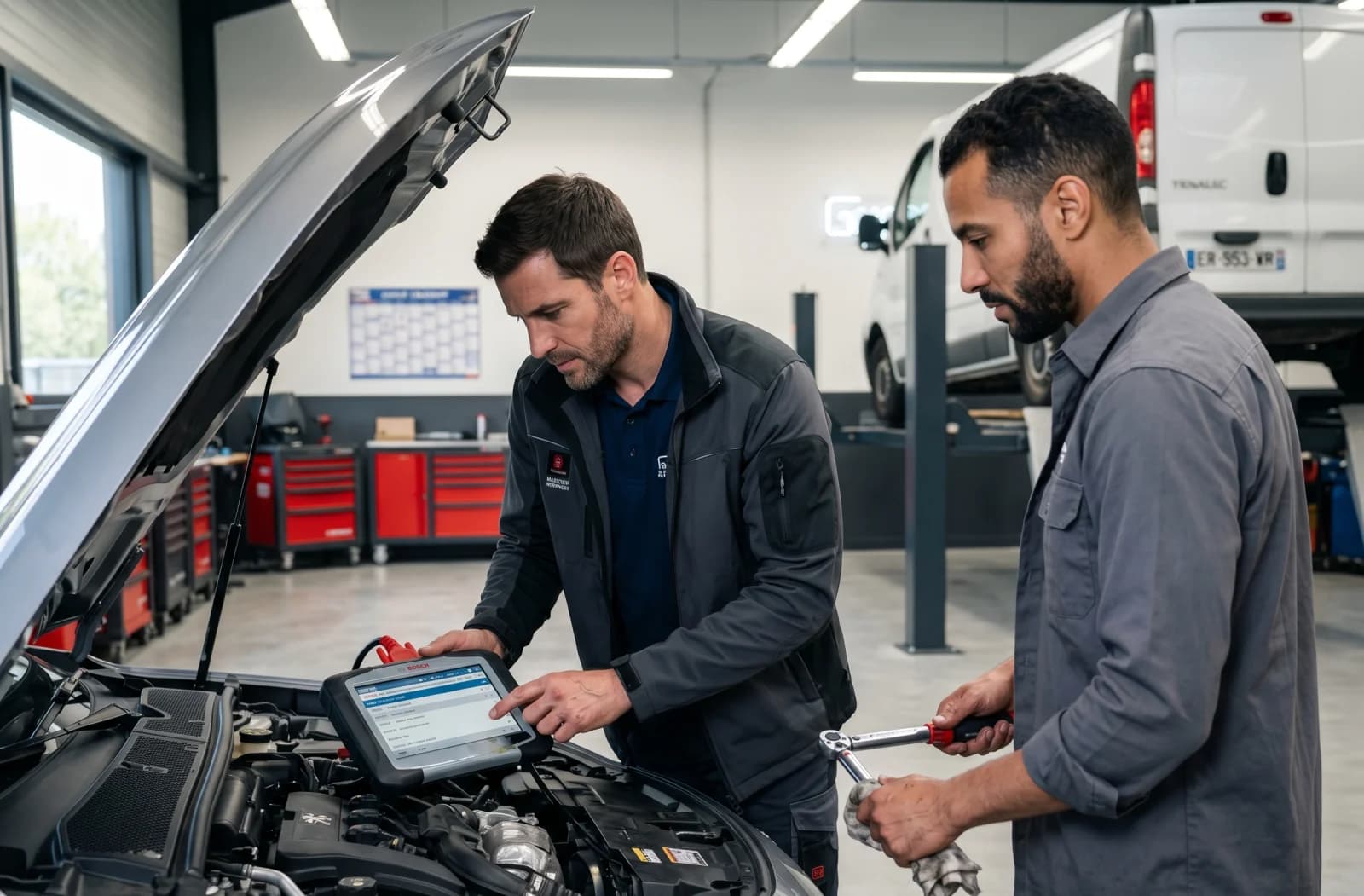 Atelier garage automobile, mécanicien diagnostic OBD2 sur Peugeot 308 capot ouvert