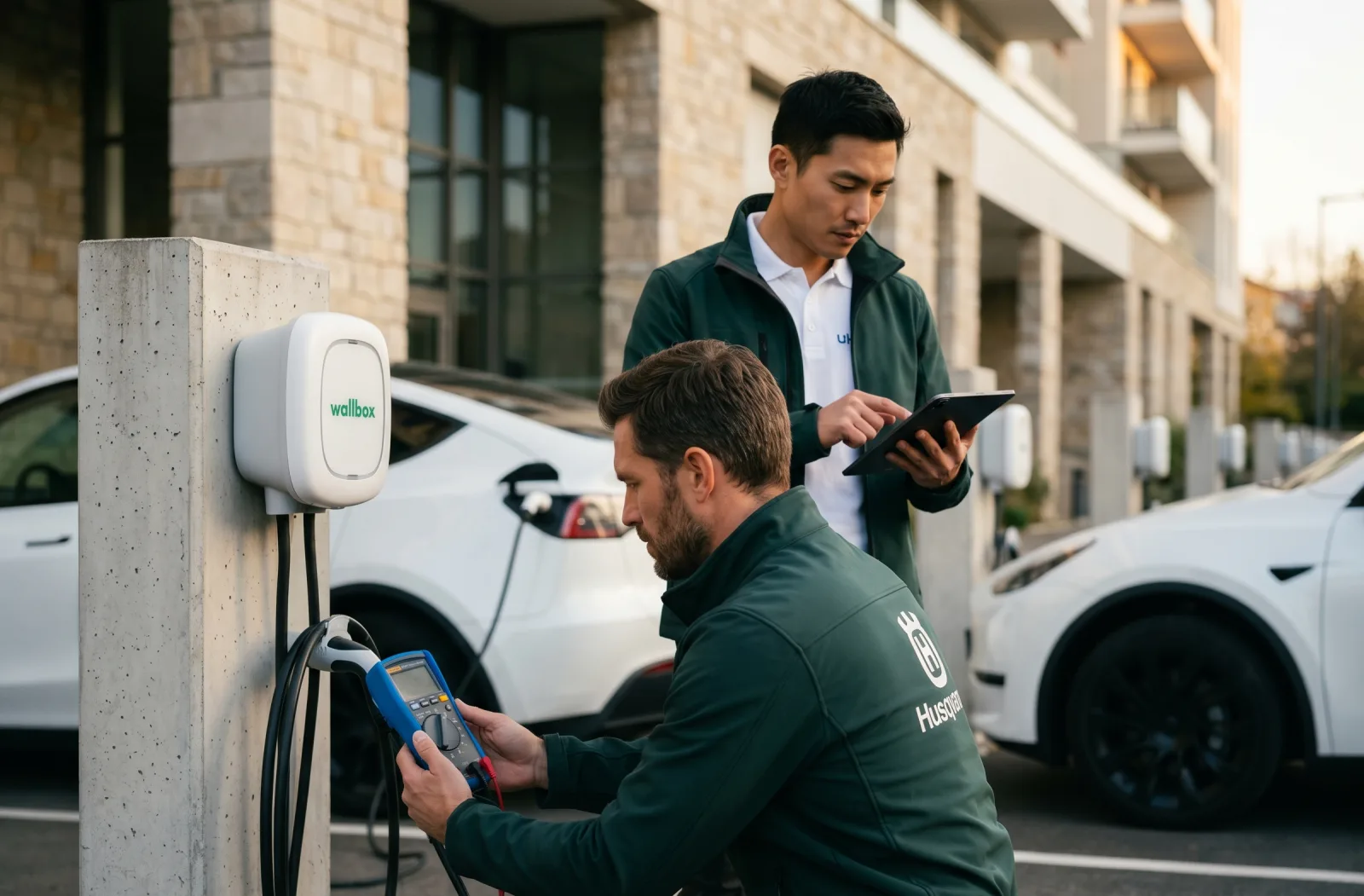 Installateur IRVE Qualifelec installant une borne de recharge Wallbox sur parking copropriété