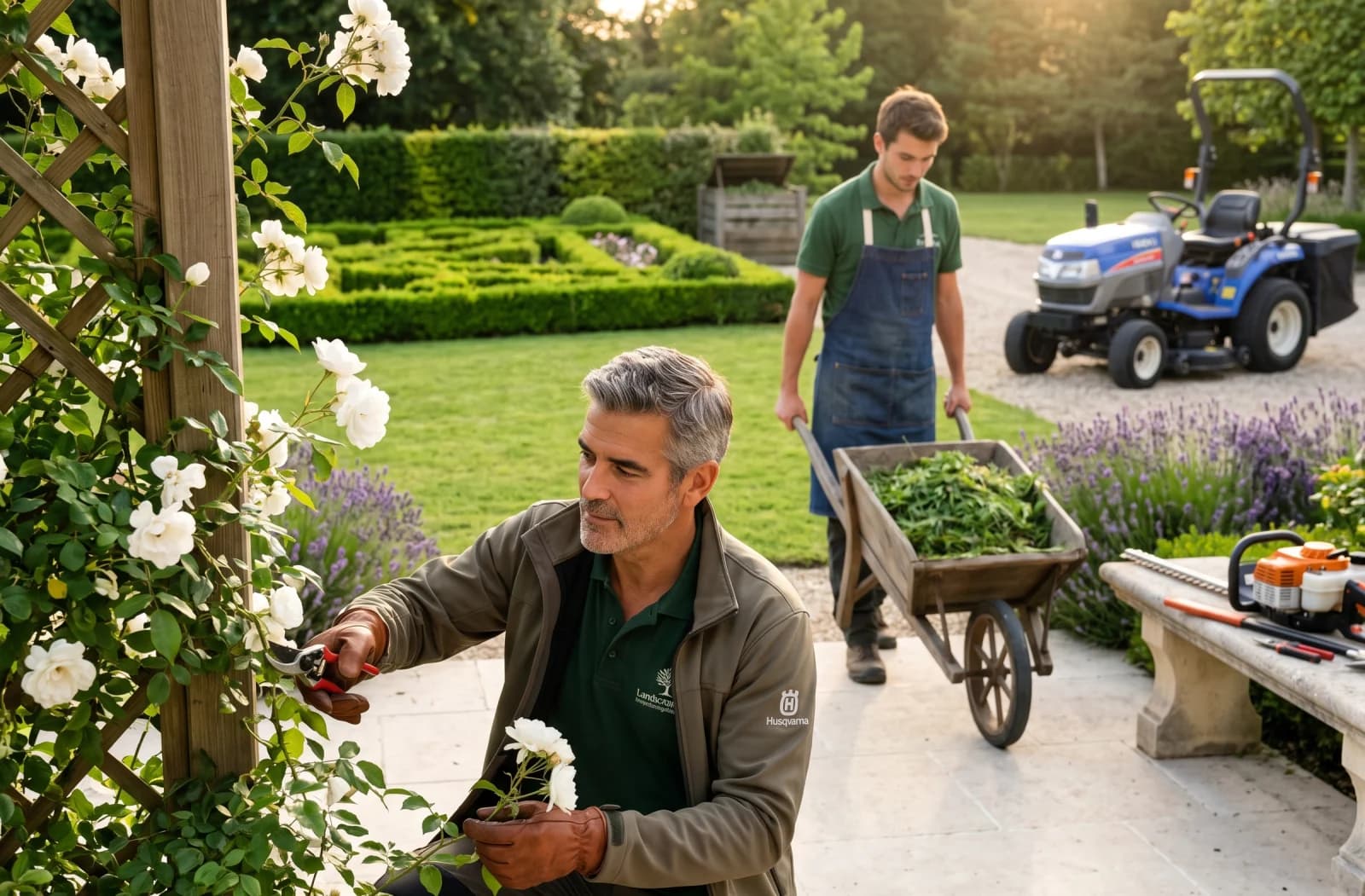 Paysagiste taillant un rosier blanc dans un jardin Versailles avec sécateur Felco