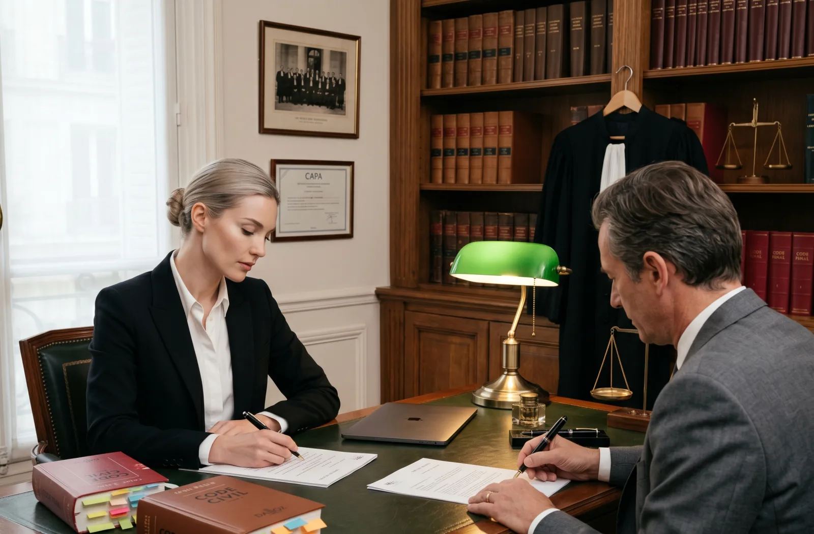 Cabinet d'avocats associé Paris, consultation client avec robe d'avocat et Code Civil Dalloz