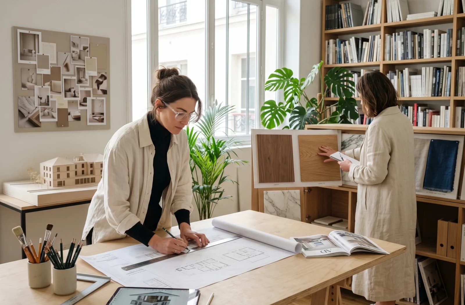Atelier architecte d'intérieur Paris, présentation projet sur table à dessin avec matériauthèque