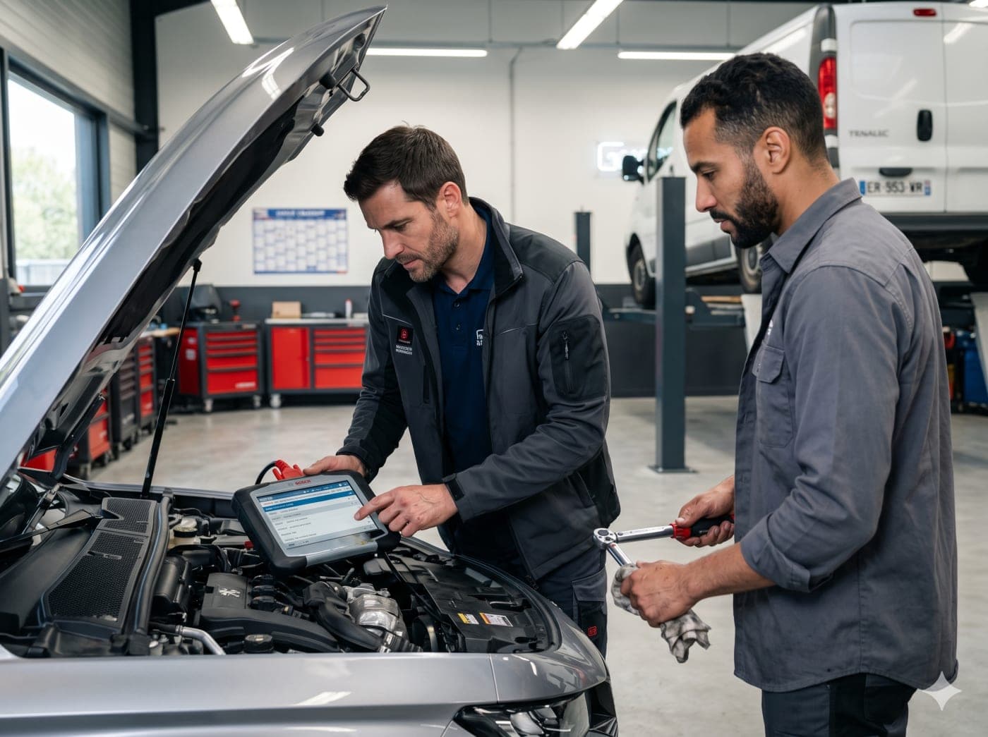 Mécaniciens réalisant un diagnostic moteur dans un atelier de garage automobile