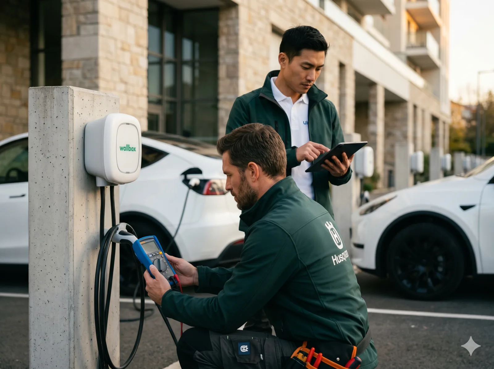 Installateur IRVE Qualifelec installant une borne de recharge Wallbox sur parking copropriété