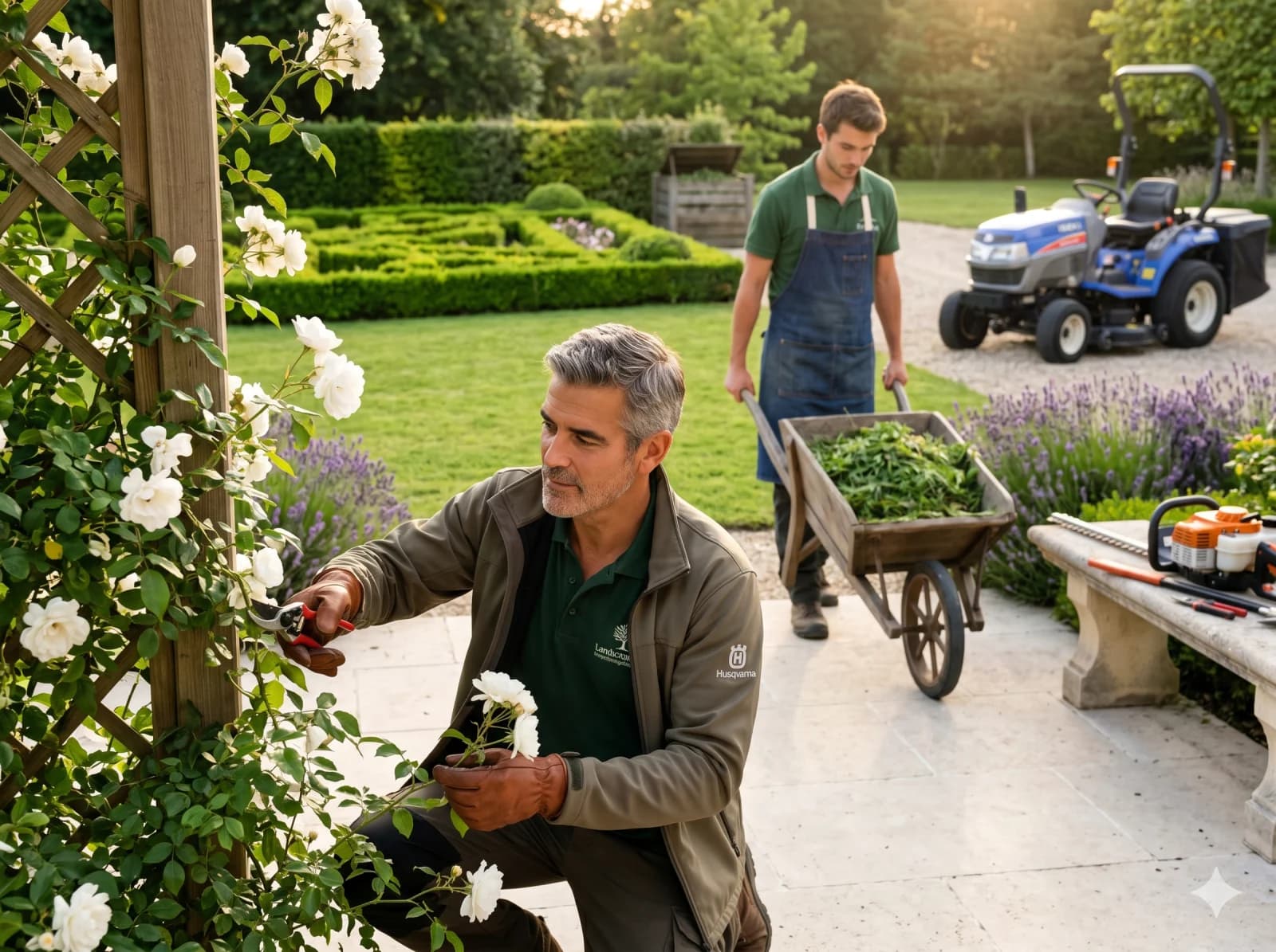 Paysagiste taillant un rosier blanc dans un jardin Versailles avec sécateur Felco