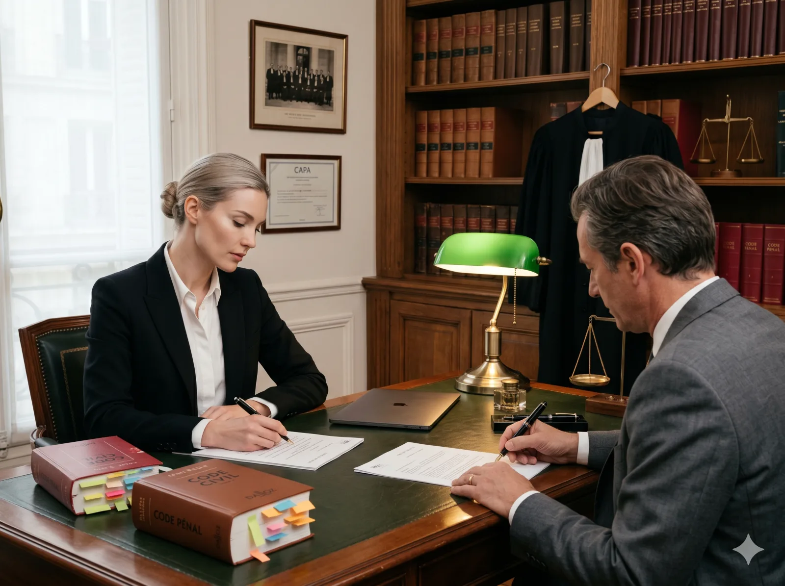 Cabinet d'avocats associé Paris, consultation client avec robe d'avocat et Code Civil Dalloz