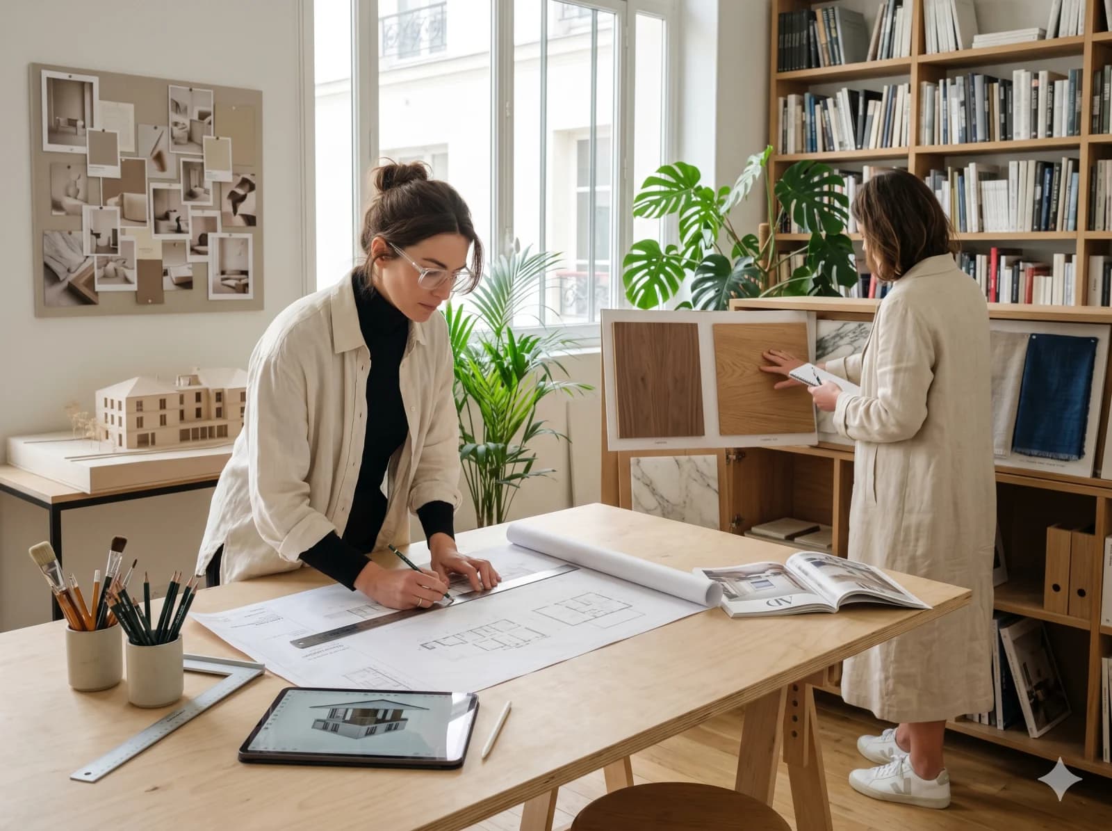 Atelier architecte d'intérieur Paris, présentation projet sur table à dessin avec matériauthèque