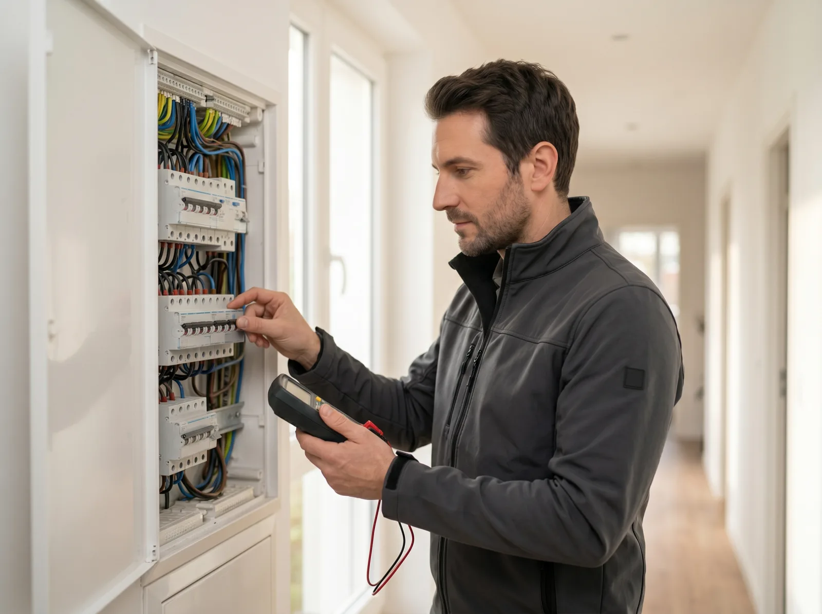 Électricien testant un disjoncteur sur un tableau électrique ouvert avec un multimètre, dans un couloir lumineux